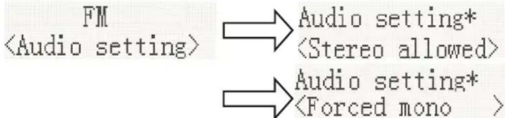graph LR A["FM\n<Audio setting>"] --> B["Audio setting*\n<Stereo allowed>"] A --> C["Audio setting*\n<Forced mono >"]