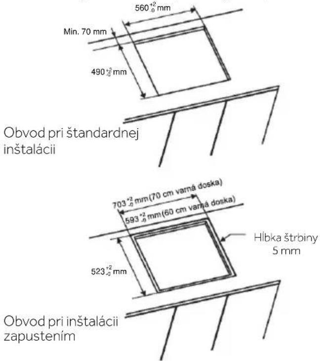 560⁺²₋₀ mm Min. 70 mm 490⁺²₋₀ mm Obvod pri štandardnej inštalácii 703⁺²₋₀ mm (70 cm varná doska) 593⁺²₋₀ mm (60 cm varná doska) 523⁺²₋₀ mm Hĺbka štrbiny 5 mm Obvod pri inštalácii zapustením