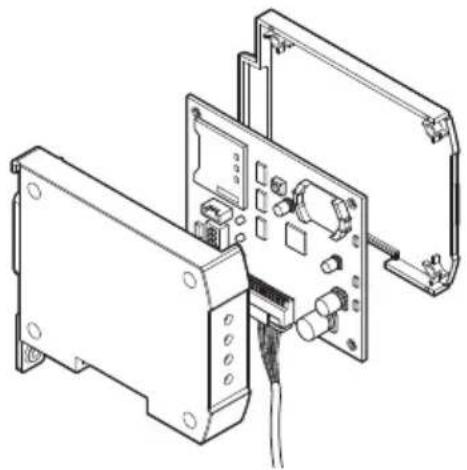 Technical line drawing of an electronic device with exposed components and connectors (no text or symbols)