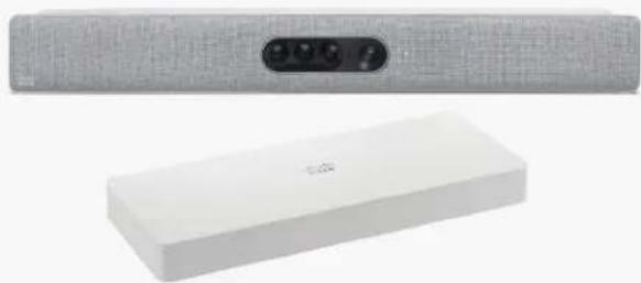 Two modern audio equipment devices: a gray sound block and a white rectangular device with buttons (no visible text or symbols)