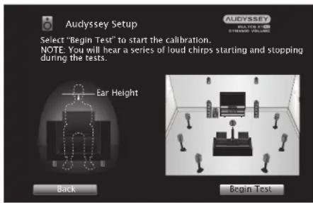 Audyssey Setup Select "Begin Test" to start the calibration. NOTE: You will hear a series of loud chirps starting and stopping during the tests. Ear Height Back Begin Test