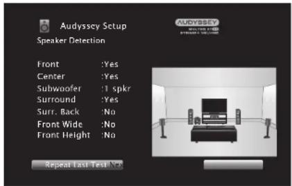 Audyssey Setup Speaker Detection Front :Yes Center :Yes Subwoofer :1 spkr Surround :Yes Surr. Back :No Front Wide :No Front Height :No Repeat Last Test No. AUDYBSEY STRAWBSEY VOLUME
