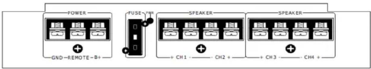 POWER GND-REMOTE-B+ FUSE PWR SPEAKER + CH 1 - - - CH2 + SPEAKER + CH 3 - - - CH4 +
