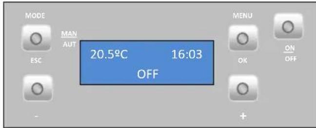 MODE MAN AUT ESC 20.5°C 16:03 OFF MENU OK ON OFF +