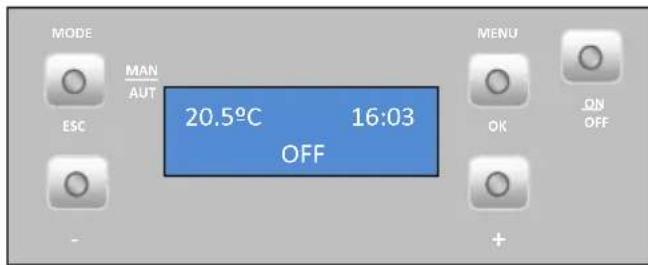 MODE MAN AUT ESC 20.5°C 16:03 OFF MENU OK ON OFF