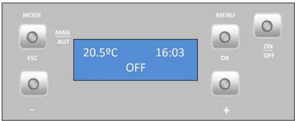 MODE MAN AUT ESC 20.5°C 16:03 OFF MENU OK ON OFF - +