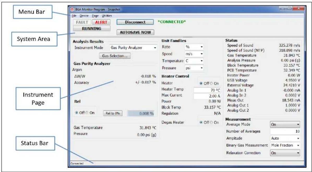 Menu Bar System Area Instrument Page Status Bar BGA Monitor Program - Snapshot File Device Page Utilities FAULT ALERT Disconnect *CONNECTED* RUNNING AUTOSAVE NOW Analysis Results Instrument Mode Gas Purity Analyzer Gas Selection... Gas Purity Analyzer Argon ΔW/W -0.018 % Accuracy +/- 0.017 % Rel Off…