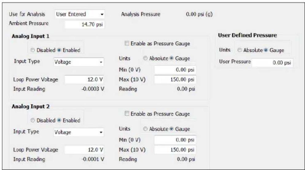 Use for Analysis User Entered Ambient Pressure 14.70 psi Analysis Pressure 0.00 psi (g) Analog Input 1 Disabled Enabled Input Type Voltage Loop Power Voltage 12.0 V Input Reading -0.0003 V Enable as Pressure Gauge Units Absolute Gauge Min (0 V) 0.00 psi Max (10 V) 150.00 psi Reading 0.00 psi User De…