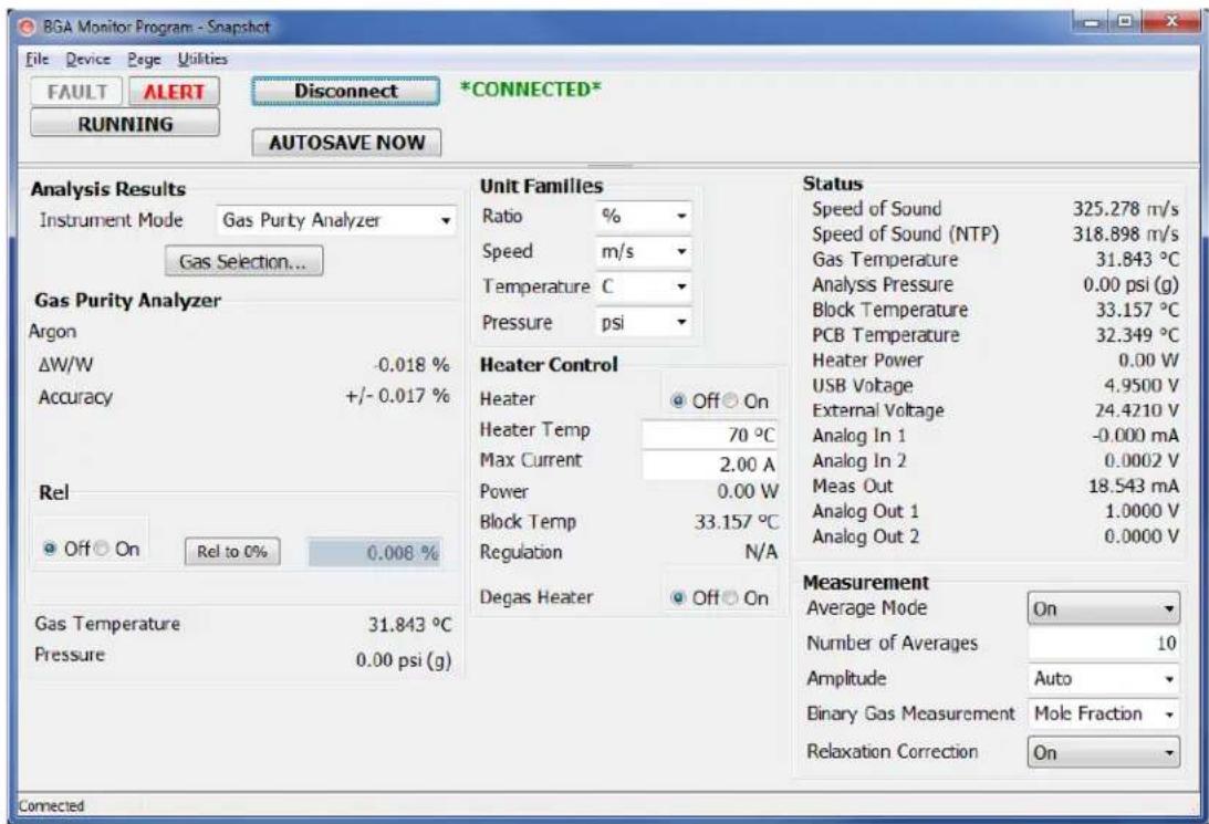 BGA Monitor Program - Snapshot File Device Page Utilities FAULT ALERT Disconnect *CONNECTED* RUNNING AUTOSAVE NOW Analysis Results Instrument Mode Gas Purity Analyzer Gas Selection... Gas Purity Analyzer Argon ΔW/W -0.018 % Accuracy +/- 0.017 % Rel Off On Rel to 0% 0.008 % Gas Temperature 31.843 °C…