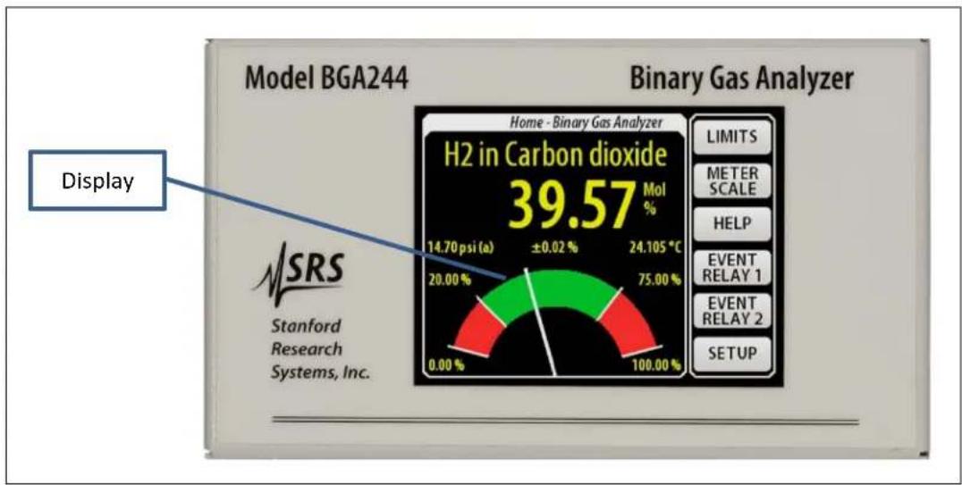 Model BGA244 Binary Gas Analyzer Display H2 in Carbon dioxide 39.57 Mol % 14.70 psi (a) ±0.02 % 24.105 °C 20.00 % 75.00 % 0.00 % 100.00 % LIMITS METER SCALE HELP EVENT RELAY 1 EVENT RELAY 2 SETUP NSRS Stanford Research Systems, Inc.