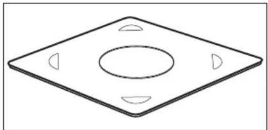Technical line drawing of a square plate with four circular cutouts and a central hole (no text or symbols)