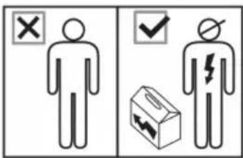Safety warning sign showing correct and incorrect signs for a person with a checkmark and a warning symbol