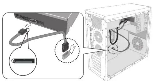 Diagram showing cable installation and connection between a computer tower, with labeled components and cable routing arrows.