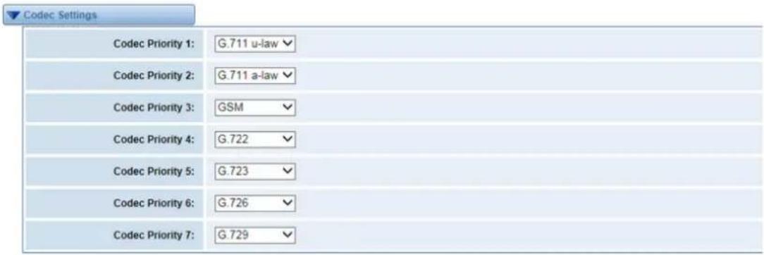 Codec Settings Codec Priority 1: G.711 u-law Codec Priority 2: G.711 a-law Codec Priority 3: GSM Codec Priority 4: G.722 Codec Priority 5: G.723 Codec Priority 6: G.726 Codec Priority 7: G.729