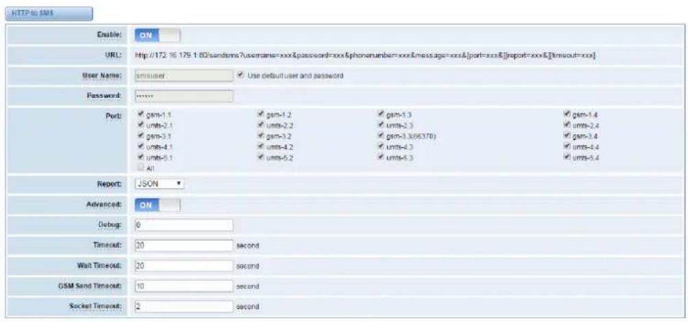 HTTP to SMS Enable: ON URL: http://172.16.179.1.80/sandems?username=xxx&password=xxx&phonenumber=xxx&message=xxx&port=xxx&[report=xxx&[timeout=xxx] User Name: ###user Use default user and password Password: ****** Port: gem-1.1 gem-1.2 gem-1.3 gem-1.4 units-2.1 units-2.2 units-2.3 units-2.4 gem-3.1 gem-3.2 gem-3.3(66370) gem-3.4 units-4.1 units-4.2 units-4.3 units-4.4 units-5.1 units-5.2 units-5.3 units-5.4 All Report: JSON ▼ Advanced: ON Debug: 0 Timeout: 20 second Wait Timeout: 20 second GSM Send Timeout: 10 second Socket Timeout: 2 second