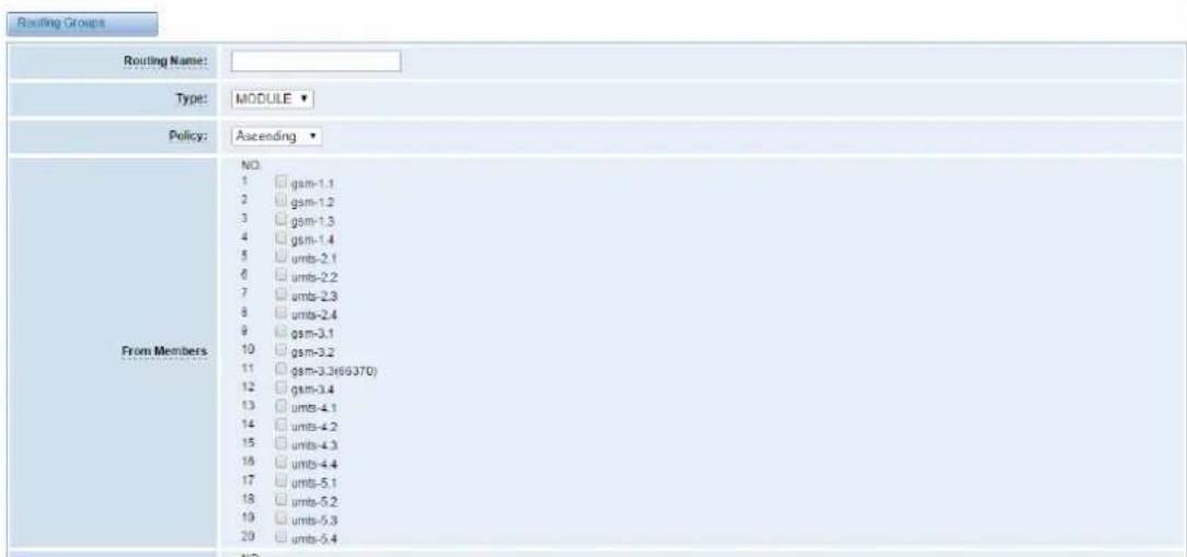 Routing Groups Routing Name: Type: MODULE ▼ Policy: Ascending ▼ From Members NO 1 gam-1.1 2 gam-1.2 3 gsm-1.3 4 gsm-1.4 5 units-2.1 6 units-2.2 7 units-2.3 8 units-2.4 9 gsm-3.1 10 gsm-3.2 11 gsm-3.3(69370) 12 gsm-3.4 13 units-4.1 14 units-4.2 15 units-4.3 16 units-4.4 17 units-5.1 18 units-5.2 19 units-5.3 20 units-5.4