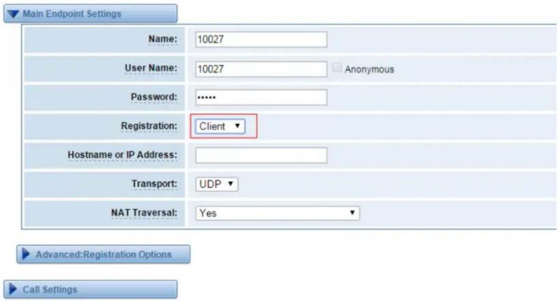Main Endpoint Settings Name: 10027 User Name: 10027 Anonymous Password: ...... Registration: Client ▼ Hostname or IP Address: Transport: UDP ▼ NAT Traversal: Yes ▼ Advanced:Registration Options Call Settings