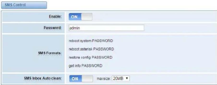 SMS Control Enable: ON Password: admin SMS Formats: reboot system PASSWORD reboot asterisk PASSWORD restore config PASSWORD get info PASSWORD SMS Inbox Auto clean: ON maxsize: 20MB ▼