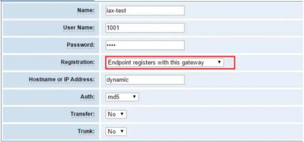 Name: iax-test User Name: 1001 Password: .... Registration: Endpoint registers with this gateway ▼ Hostname or IP Address: dynamic Auth: md5 ▼ Transfer: No ▼ Trunk: No ▼