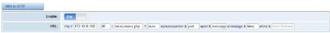 SMS to HTTP Enable: ON URL: http://172.16.8.150 80 / receivesms.php ? num =phonenumber & port =spot & message =message & time =time & User Defined