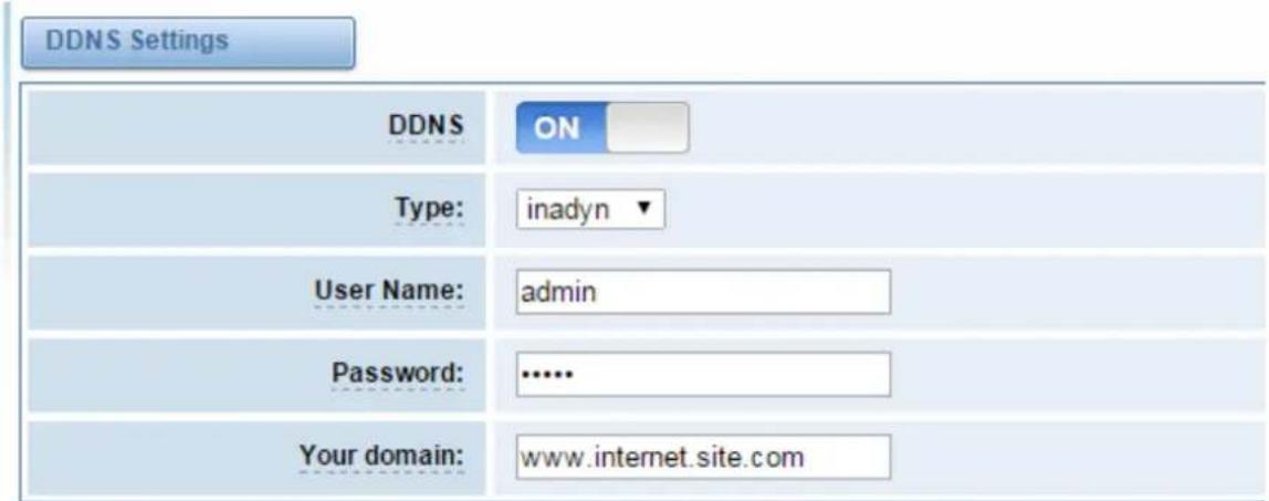 DDNS Settings DDNS ON Type: inadyn ▼ User Name: admin Password: ••••• Your domain: www.internet.site.com