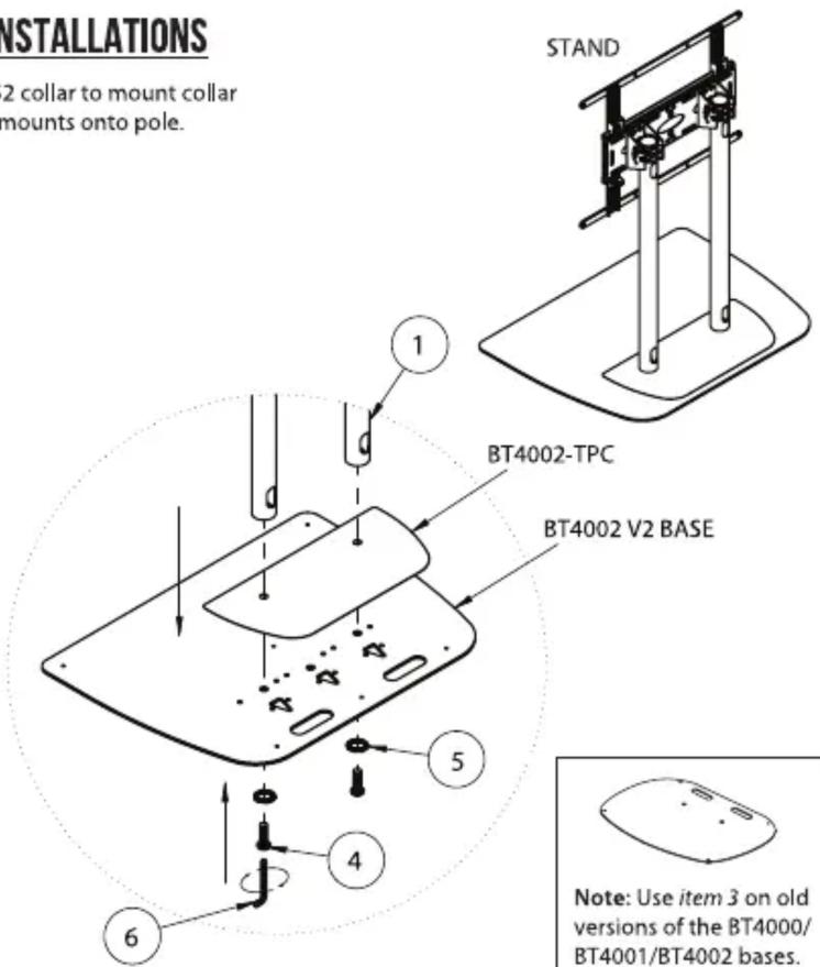 INSTALLATIONS 2 collar to mount collar mounts onto pole. STAND BT4002-TPC BT4002 V2 BASE 1 5 4 6 Note: Use item 3 on old versions of the BT4000/ BT4001/BT4002 bases.