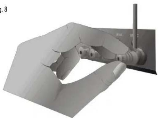 3D rendered illustration of a robotic hand gripping a small mechanical component (no text or symbols visible)