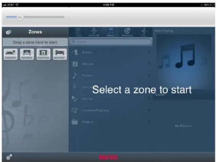 Zones Drag a zone here to start Niber Playing Select a zone to start Orders Albums Tracks Campters Gentrees Imported Playnics Folders Queles No Results