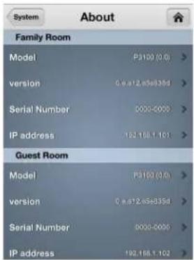 System About Family Room Model P3100 (0.0) version 0.4x12.65x835d Serial Number 0000-0000 IP address 102.168.1.101 Guest Room Model P3100 (0.0) version 0.4x12.65x835d Serial Number 0000-0000 IP address 102.168.1.102