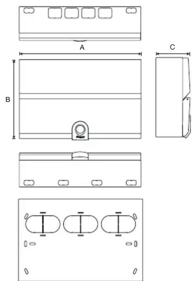 Technical diagram showing four views (A, B, C) of a device with internal components and mounting holes, likely from an engineering or manufacturing context.