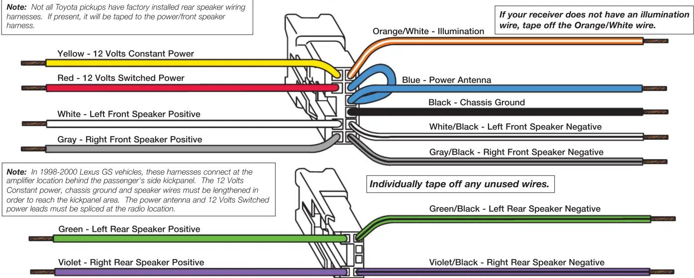 Note: Not all Toyota pickups have factory installed rear speaker wiring harnesses. If present, it will be taped to the power/front speaker harness. Orange/White - Illumination If your receiver does not have an illumination wire, tape off the Orange/White wire. Yellow - 12 Volts Constant Power Red -…
