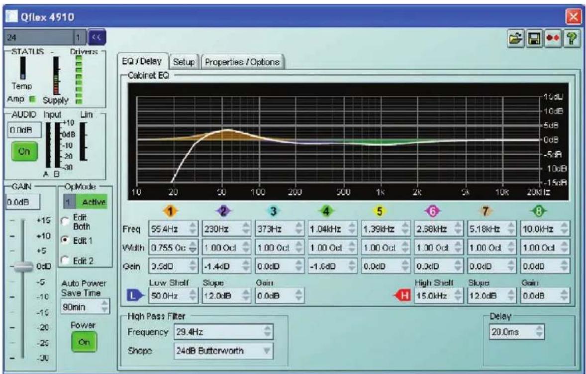 Qflex 4910 24 STATUS - Drivers Temp Amp Supply Audi Input Lim 0.0dB On GAIN 0.0dB OpMode 1 Active Edit Both Edit 1 Edit 2 Auto Power Save Time 90min Power On EQ / Delay Setup Properties / Options Cabinet EQ 1 2 3 4 5 6 7 8 10 20 50 100 200 500 1k 2k 5k 10k 20kHz Freq 55.4Hz 230Hz 373Hz 1.04kHz 1.39kHz 2.58kHz 5.18kHz 10.0kHz Width 0.755 Oc 1.00 Oct 1.00 Oct 1.00 Oct 1.00 Oct 1.00 Oct 1.00 Oct Gain 3.5dD -1.4dD 0.0dD -1.6dD 0.0dD 0.0dD 0.0dD Low Shelf Slope Gain High Shelf Slope Gain 50.0Hz 12.0dB 0.0dB H 15.0kHz 12.0dB 0.0dB High Pass Filter Frequency 29.4Hz Shape 24dB Buttonworth Delay 20.0ms