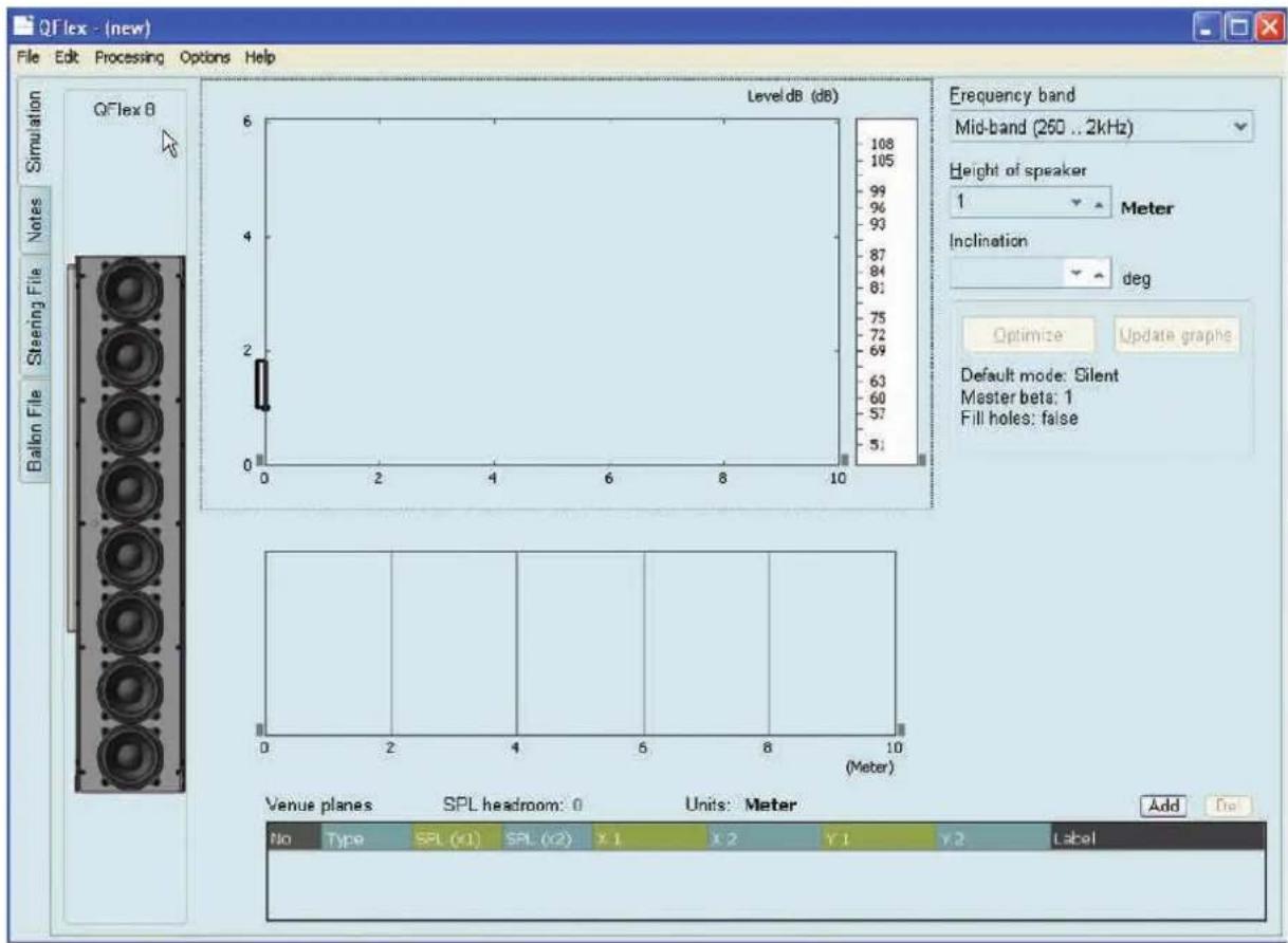 QFlex - (new) File Edit Processing Options Help Simulation Notes Steering File Balbon File QFlex B LeveldB (dB) 6 108 105 99 96 93 87 84 81 75 72 69 63 60 57 51 Frequency band Mid-band (260 .. 2kHz) Height of speaker 1 Meter Inclination deg Optimize Update graphs Default mode: Silent Master beta: 1 Fill holes: false 0 2 4 6 8 10 (Meter) Venue planes SPL headroom: 0 Units: Meter Add Do No Type SPL (x1) SPL (x2) X 1 X 2 Y 1 Y 2 Label
