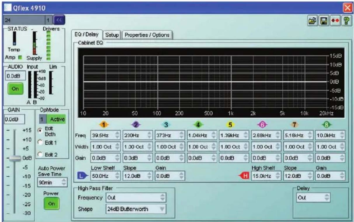Qflex 4910 24 STATUS Temp Amp Supply Drivers Input 0.0dB On A B LIM 0.0dB A B EQ / Delay Setup Properties / Options Cabinet EQ 15dB 10dB 5dB 0dB -5dB -10dB -15dB 10 20 50 100 200 500 1k 2k 5k 10k 20kHz Gain OpMode Active 1 +15 +10 +5 0dB -5 -10 -15 -20 -25 -30 Auto Power Save Time 90min Power On Freq 39.5Hz 230Hz 373Hz 1.04kHz 1.39kHz 2.68kHz 5.18kHz 10.0kHz Width 1.00 Oct 1.00 Oct 1.00 Oct 1.00 Oct 1.00 Oct 1.00 Oct 1.00 Oct Gain 0.0dB 0.0dB 0.0dB 0.0dB 0.0dB 0.0dB 0.0dB 0.0dB Low Shelf Slope Gain High Shelf Slope Gain 50.0Hz 12.0dB 0.0dB H 15.0kHz 12.0dB 0.0dB High Pass Filter Frequency Out Shape 24dB Butterworth Delay Out