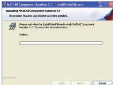 MATLAB Component Runtime 7.7 - InstalShield Wizard Installing MATLAB Component Runtime 7.7 The program features you selected are being installed. Please wait while the InstalShield Wizard installs MATLAB Component Runtime 7.7. This may take several minutes. Status: < Back Next > Cancel