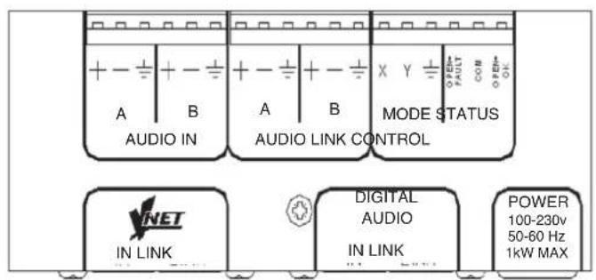 A B AUDIO IN A B AUDIO LINK CONTROL X Y MODE STATUS OVERT PAUT CON OVERT OK DIGITAL AUDIO IN LINK POWER 100-230v 50-60 Hz 1kW MAX