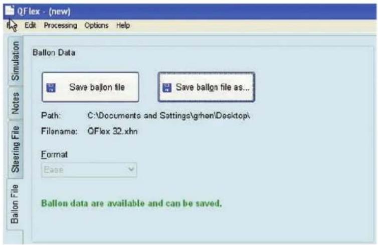 QFlex - (new) Edit Processing Options Help Ballon Data Save balloon file Save balloon file as... Path: C:\Documents and Settings\grhen\Desktop\ Filename: QFlex 32.xhn Format Base Ballon data are available and can be saved.
