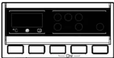 Front panel of a control room with buttons and display (no text or symbols visible)
