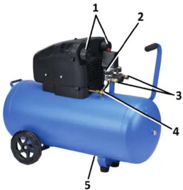 Labeled diagram of a blue air compressor with numbered parts for identification