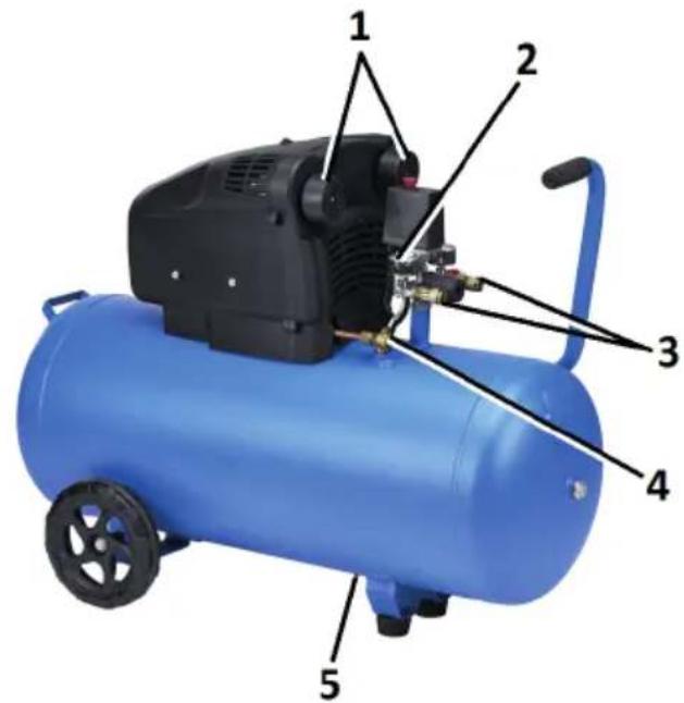 Labeled diagram of a blue air compressor with numbered parts for identification