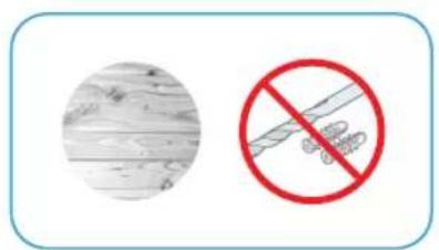 Two safety symbols: a circular image showing a wooden surface and a prohibition sign with a crossed-out insect.