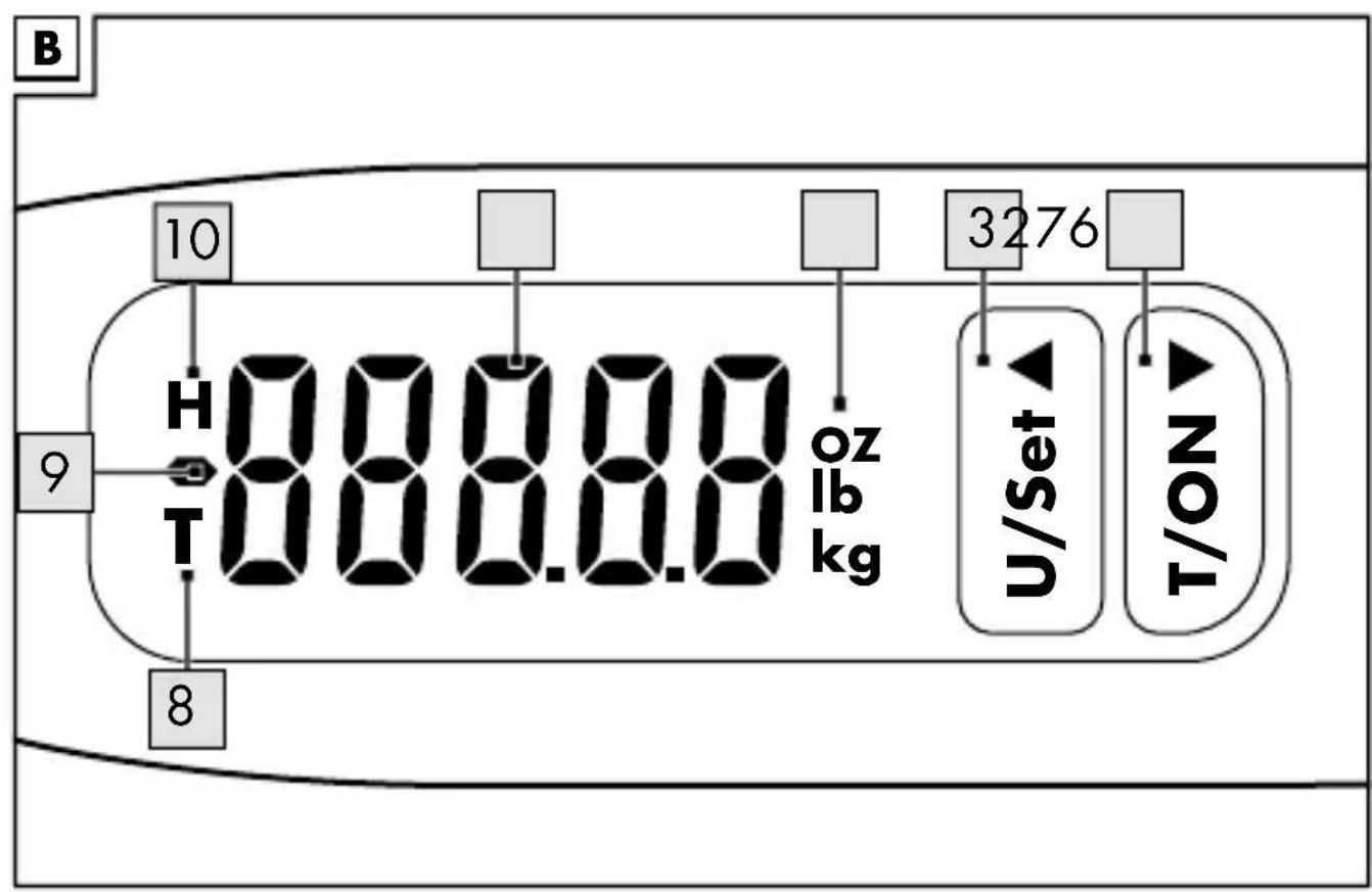 B 10 9 8 H T 888.88 OZ lb kg 3276 U/Set ▲ T/ON ▼