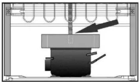 Mechanical assembly diagram showing a clamping device with a downward arrow indicating motion (no text or symbols present).