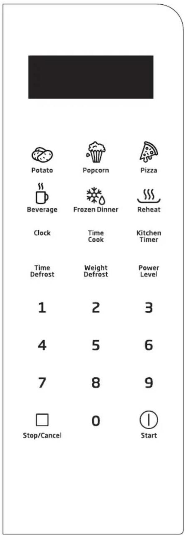 Potato, Popcorn, Pizza, Beverage, Frozen Dinner, Reheat, Clock, Time Cook, Kitchen Timer, Time Defrost, Weight Defrost, Power Level, 1, 2, 3, 4, 5, 6, 7, 8, 9, Stop/Cancel, 0, Start