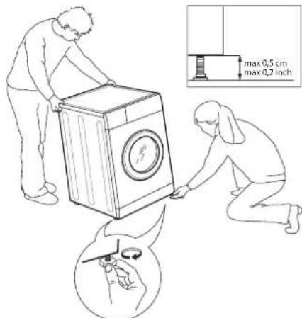 Diagram showing a washing machine with attached cable and a hand adjusting a screwdriver, accompanied by a warning symbol.