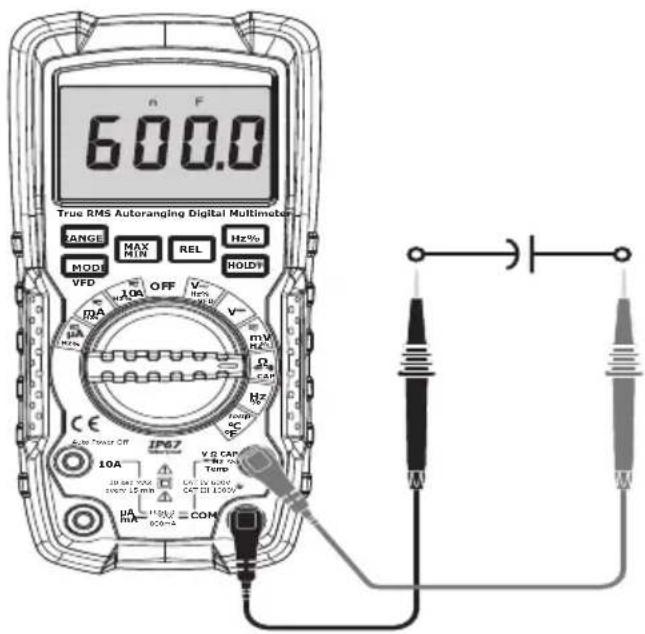 600.0 True RMS Autoranging Digital Multimeter RANGE MAX MIN REL Hz% MOD VFD OFF 10A mA 10A MHz V- V- mV Hz Ω Hz Temp 10A IP67 10A 20 mA 300A every 15 min V 8 CAP Tens C 4 V 600V CAT 11 100V μA mA = 110kV 900mA CON