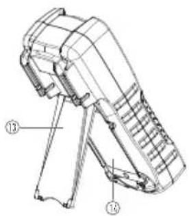Technical diagram of a handheld device with numbered parts labeled ⑬ and ⑭