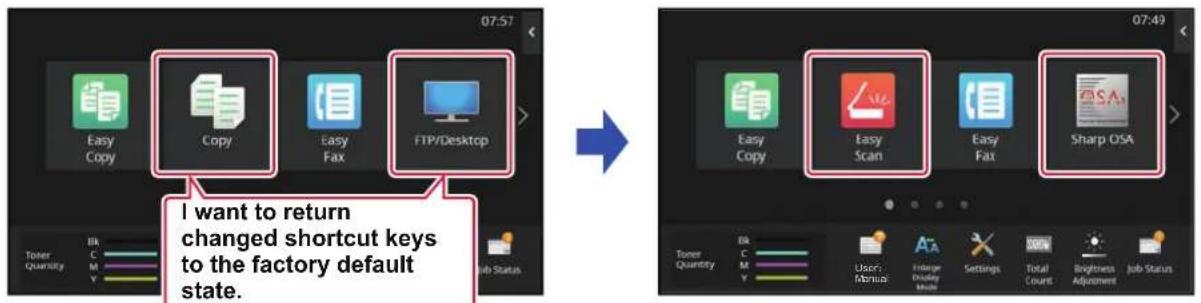 07:57 Easy Copy Copy Easy Fax FTP/Desktop I want to return changed shortcut keys to the factory default state. Toner Quantity Bk C M Y Job Status 07:49 Easy Copy Easy Scan Easy Fax Sharp OSA Toner Quantity Bk C M Y Users: Menus Image Display Module Settings Total Count Brightness Adjustment Job Stat…