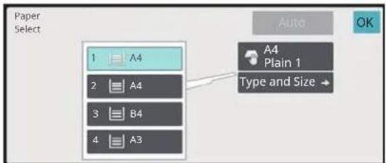 Paper Select: 1 A4, 2 A4, 3 B4, 4 A3, Auto, OK, A4, Plain 1, Type and Size →
