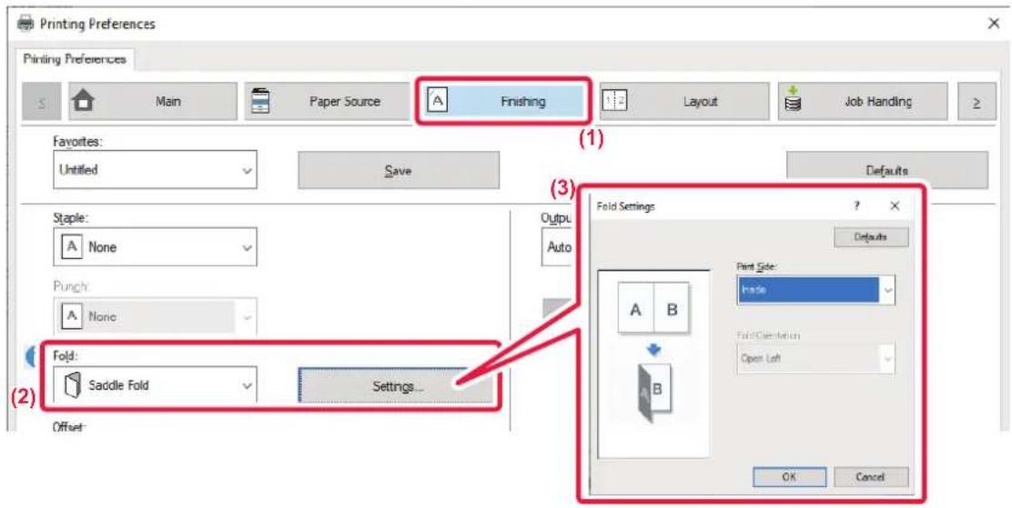 Printing Preferences Printing Preferences Main Paper Source A Finishing Layout Job Handling Favorites: Untitled Save Defaults Staple: A None Output Punch: A None Auto Fold: Saddle Fold Settings... Offset (1) (2) (3) Fold Settings ? × Defaults Print Side: Inside Fold Direction: Open Left OK Cancel